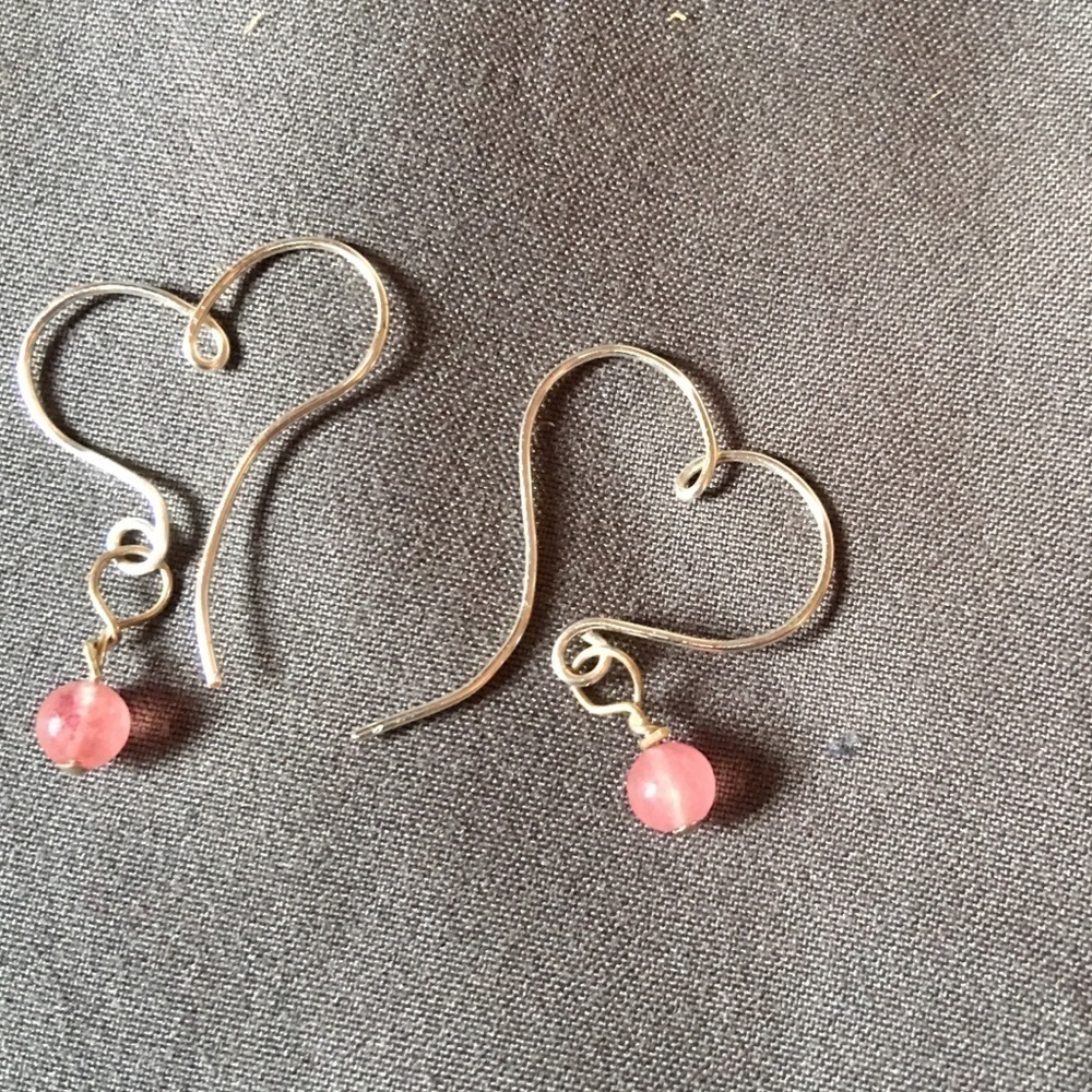 Sterling silver wire Heart earrings w/ pink stone